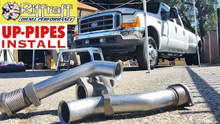 2001 F350 73  RiffRaff UpPipes Install  Stock up pipes leaking and falling apart JUNK SP [upl. by Ecinahs]